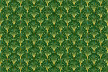 Palm leaf pattern on green background - art deco style - Abstract geometric vector pattern for textile, wrapping, product design. Vector illustration.