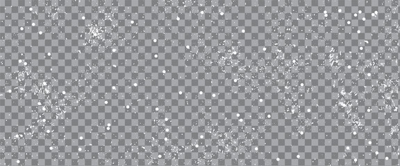 Snowfall vector decoration isolated on transparent background. Snow, snowflakes in different shapes. Frost backdrop. 