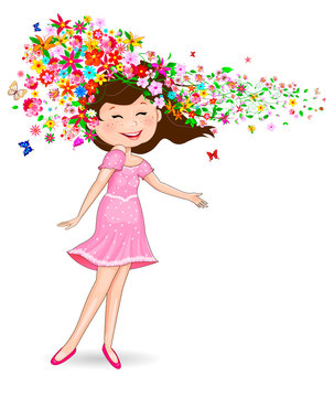 Happy girl with flowers and butterflies. Girl with flowers and butterflies in her hair