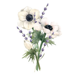 Fototapeta Beautiful watercolor floral bouquet with anemone and lavanda flowers. Stock illustration. obraz