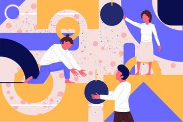 Teamwork flat vector illustration. Coworkers characters communication. Team building and business partnership concepts. Businessmen people and geometrical shapes cooperation, collaboration.