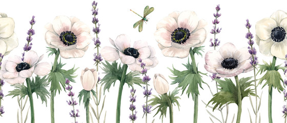 Fototapety  Beautiful watercolor floral horizontal seamless pattern with anemone, lavanda flowers and dragonflies. Stock illustration.