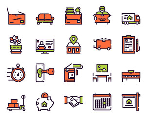 Moving items color linear icons set