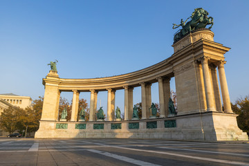 Beautiful monuments at Heroes Square in Budapest on a sunny day