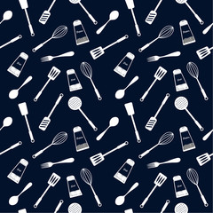  Seamless pattern: dishes and kitchen utensils in white on a classic blue background. vector. illustration