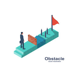 Businessman obstacle metaphor. Conquering adversity. Hurdle on way concept. Overcoming obstacle on road. Vector illustration 3d isometric design. Barrier on way to success. Flag to finish finish line.