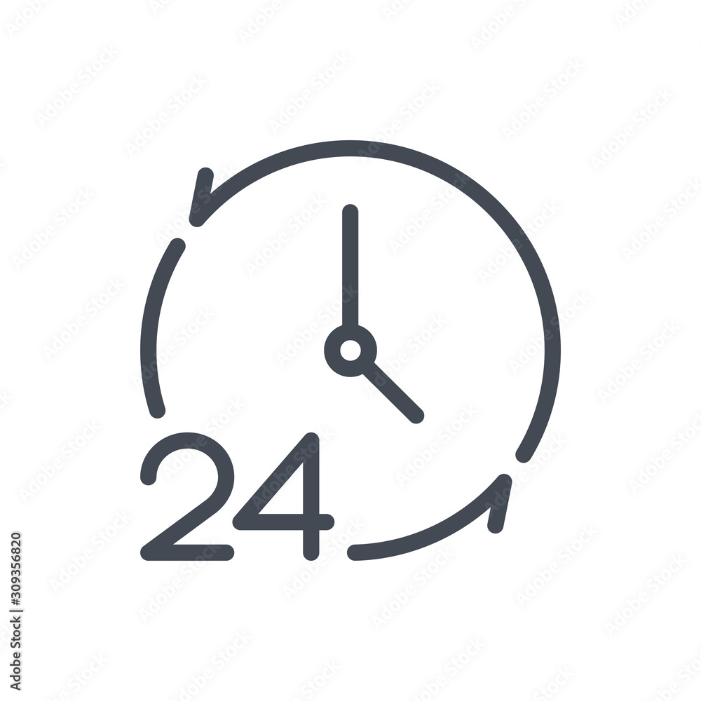 Poster repeat time with 24 line icon. update clock and watch vector outline sign.