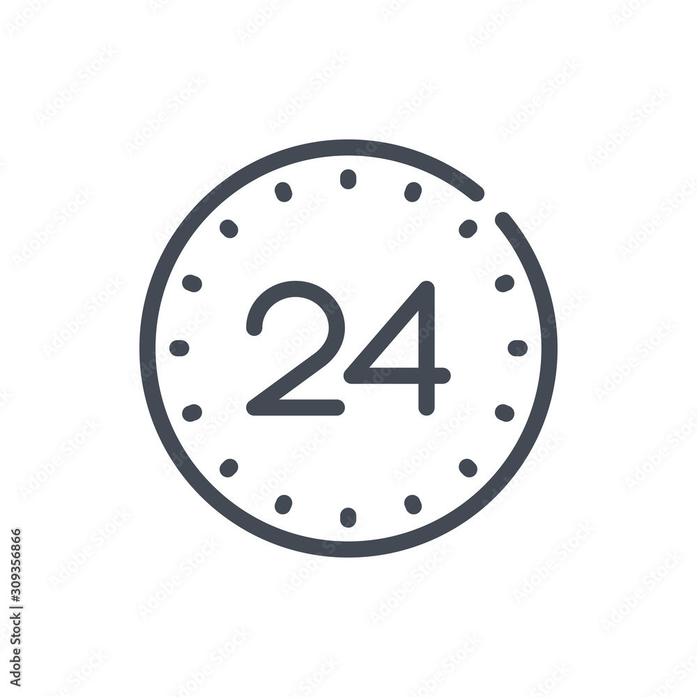 Poster watch with 24 support line icon. 24 hour time clock vector outline sign.