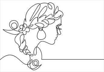 Continuous one line drawing. Abstract portrait of romantic woman face. illustration.