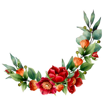 Watercolor red roses green leaves  hand painted flower garland for wedding engagement invitations