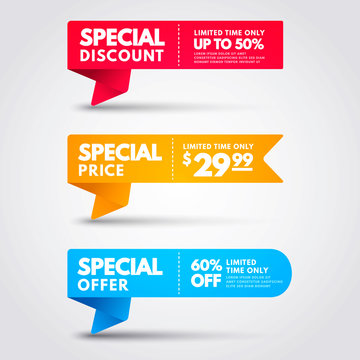 Vector Illustration Special Price Banner Collection. Colorful Discount Flag Set.