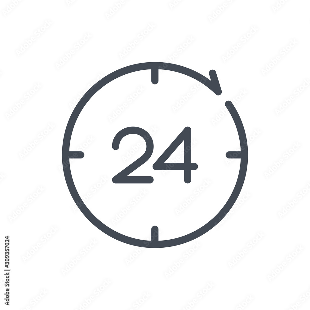 Poster 24 hours support service line icon. refresh clock and watch with 24 vector outline sign.