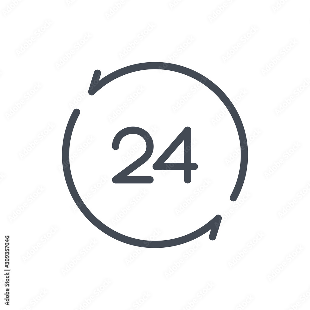 Poster update and repeat time with 24 line icon. refresh clock and watch vector outline sign.