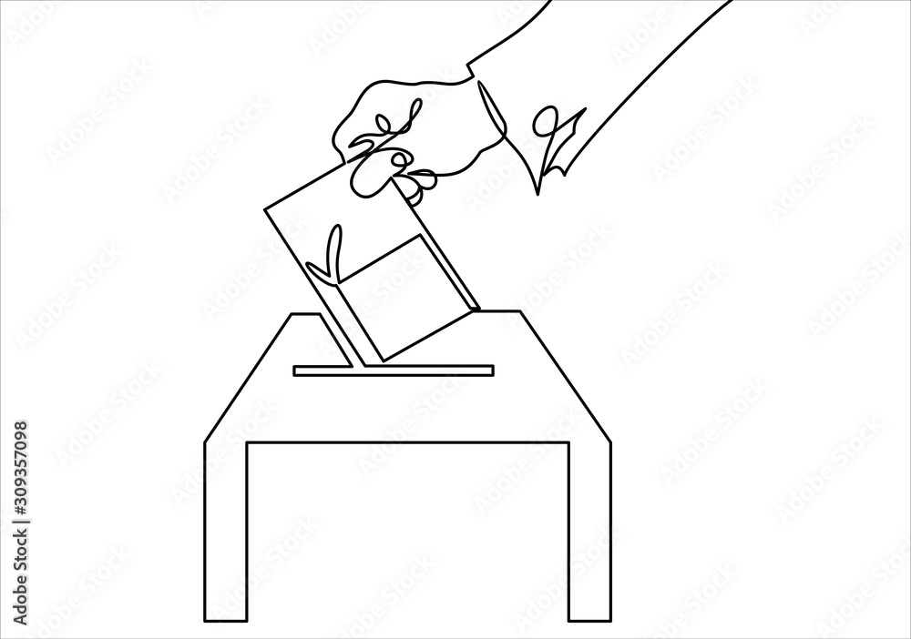 Poster vote line icon. hand putting paper in the voting box-continuous line drawing
