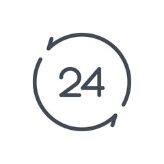 Update and repeat time with 24 line icon. Refresh clock and watch vector outline sign.