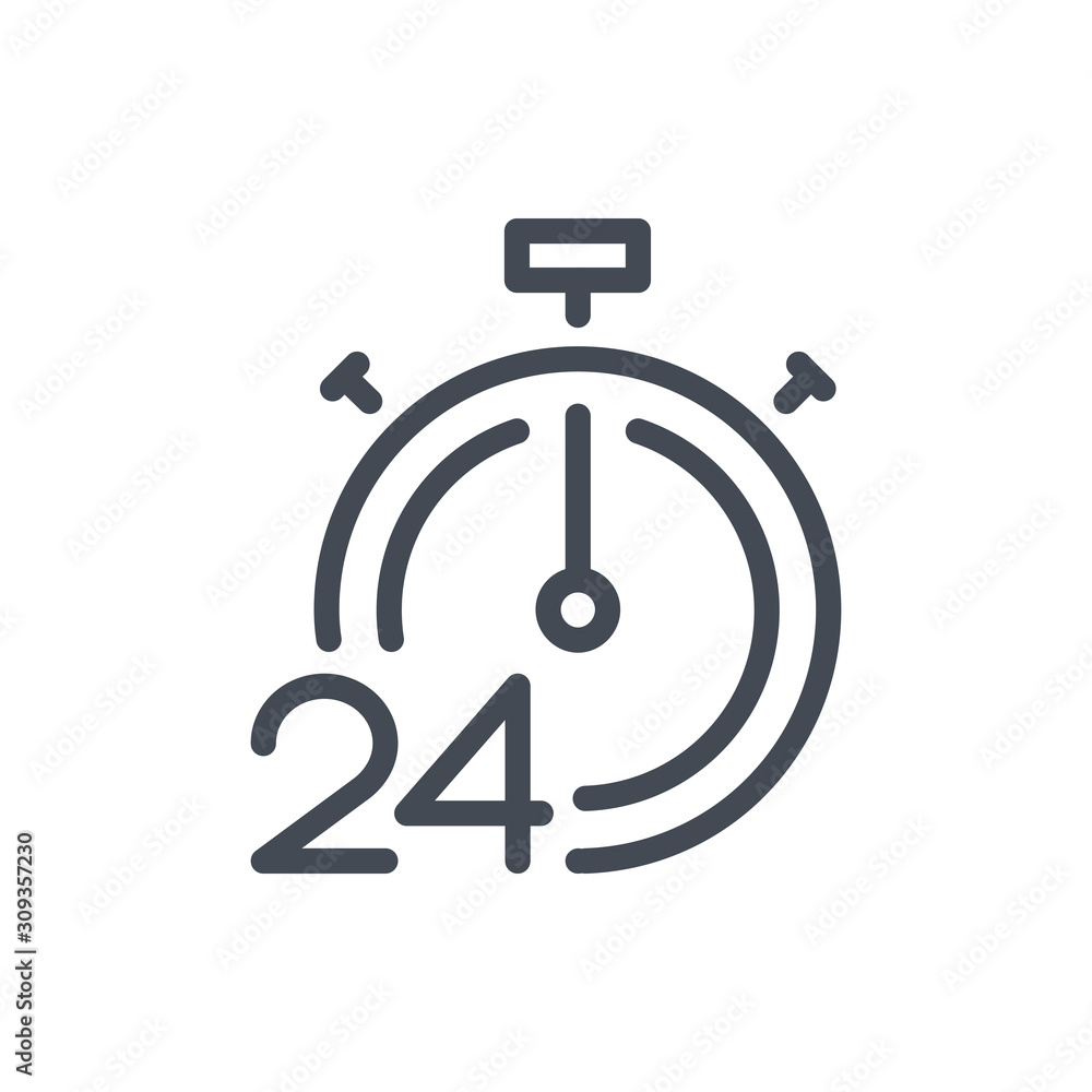 Poster 24 hours fast service line icon. timer countdown with 24 vector outline sign.