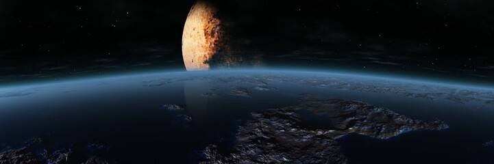 Alien landscape, satellite of a giant planet from orbit, 3D rendering.