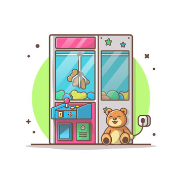Claw Machine with Cute Teddy Bear Vector Illustration. Child Zone. Doll Icon. Playing Arcade. Coin. Winner. Flat Cartoon Style Suitable for Web Landing Page, Banner, Flyer, Sticker, Card, Background