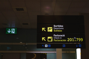 Barcelona Airport, Spain - DEC 12 2019: airport check-in and departures sign