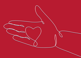 One continuous line drawing of hand holding heart. illustration