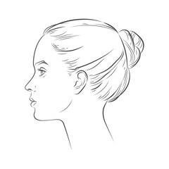 Vector woman face in profile. Portrait of girl looking side and front angles. line sketch isolated illustration on white.