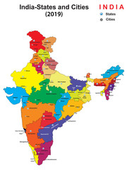 vector illustration of India new map in 2019 with states and cities name