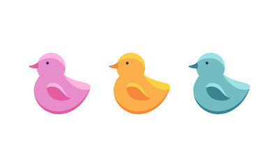 Set of rubber duck bath toy in flat style isolated on white background. Vector illustration. Cute baby bathing toy. Icon of children s toys in pink, yellow, blue.