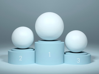 Mock up abstract blue winner podium with cylinders and spheres; product showcase display on dark background 3d rendering, 3d illustration