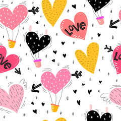 Seamless pattern with cartoon hearts, lettering, decor elements. flat festive vector. Hand drawing valentines day. design for fabric, print, wrapper, textile