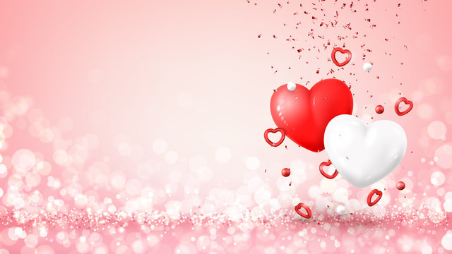 Happy Valentine's Day holiday banner. Vector illustration with realistic flying red and white hearts, balls and confetti on bright pink background with effect bokeh. Festive greeting card.