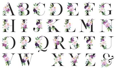 Floral alphabet, letters set with watercolor flowers and leaf. Monogram initials perfectly for wedding invitations, greeting card, logo, poster and other design. Holiday design hand painting.