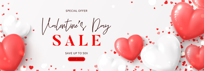 Valentine's Day sale horizontal banner. Vector illustration with realistic pink and white air balloons and confetti on white background. Holiday gift card. Promotion discount banner. - obrazy, fototapety, plakaty
