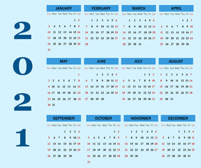 Calendar 2021  illustration. The week starts on Sunday