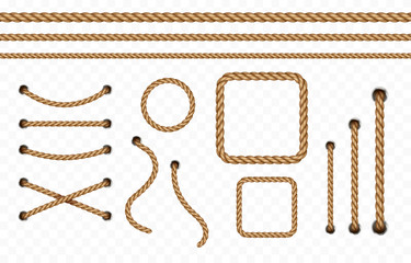 Rope frame set isolated on transparent background. Vector realistic texture jute, lace or cord with metallic holes. 3d fiber strings borders.. © Kindlena