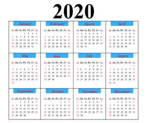 Simple calendar layout for 2020 the Week starts on Sunday