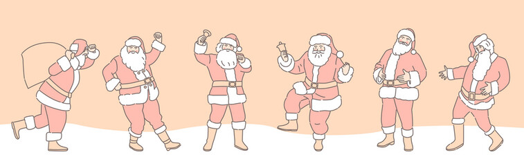 Naklejka na ściany i meble Set of cartoon Christmas illustrations isolated on color background. Funny happy Santa Claus character with gift, bag with presents, dancing. For Christmas cards, coloring banner. Line art vector.