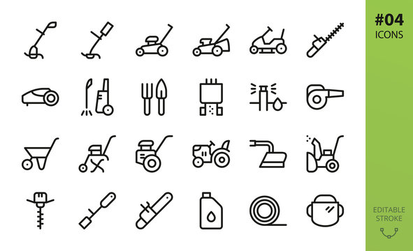 Garden tools icons set. Set of grass trimmer, lawn mower robot, high pressure washer, agriculture hand tiller, power gardening tool, snow plow, mini tractor, trolley, trimmer line isolated vector icon