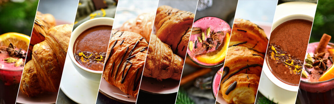 Collage of sweet food. Croissants, jam, coffee, sweet desserts and drinks. A variety of delicious food. © a_kulikovskaya