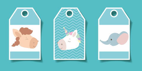 Baby shower labels with animals cartoons vector design