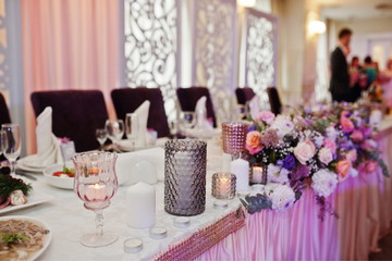 Dessert table of delicious sweets on wedding reception.