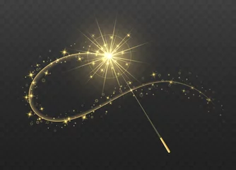 Fotobehang Magic wand with golden swirl and sparkles isolated on transparent background. The magic scepter with stardust trail. © Likanaris