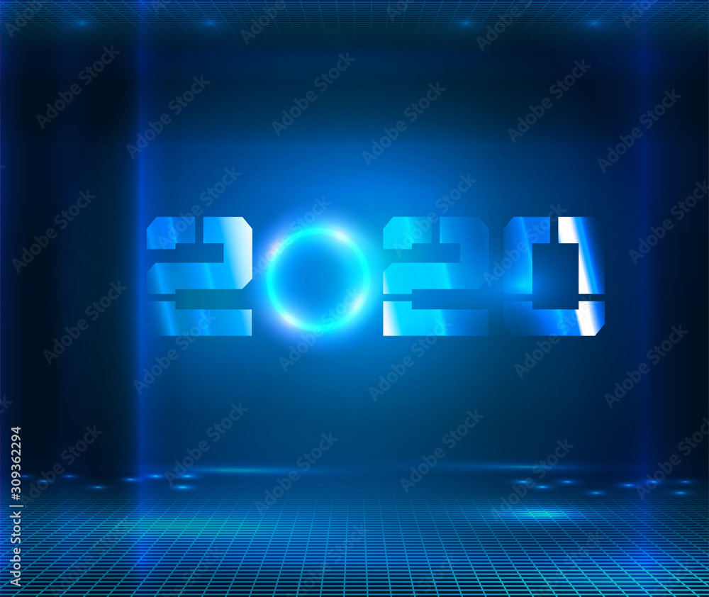 Fototapete dark futuristic sci fi big hall room with lights and circle shaped neon light. hanging 2020 number y