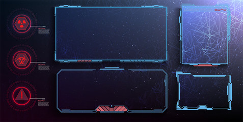 HUD, GUI futuristic frame user interface screen elements set. Set with call outs communication. Futuristic callout bar. Set of HUD futuristic sci fi frame template. Digital info boxes layout templates
