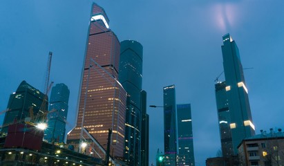 Towers of the Moscow business center in the predawn twilight
