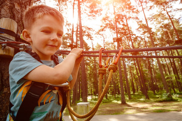 boy with safety carbine goes on a rope in adventure climbing high wire park
