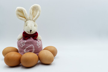 Easter rabbit with eggs isolated on white background with board to write. Traditional easter decoration