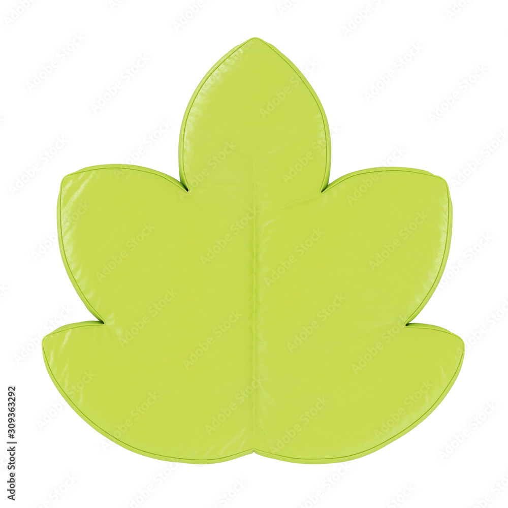 Poster green leather pouf in the shape of a sheet on a white background top view. 3d rendering