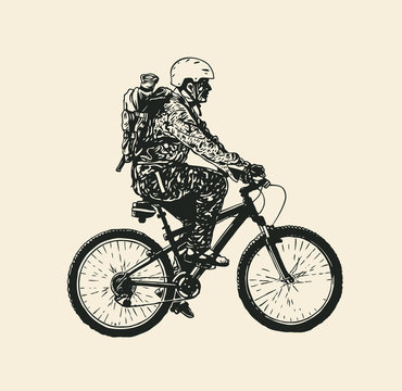 Mountain bike rider in a helmet and with a backpack. Drawing Style. Vector illustration.