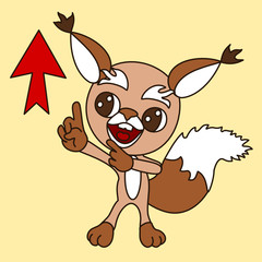 emoticon with a smiling cool squirrel, which shows two index fingers up and to the arrow, vector clip art