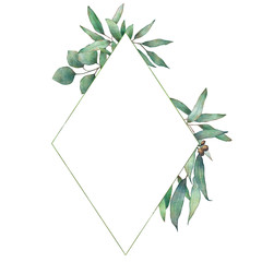 Watercolor eucalyptus green leaves botanical geometrical frame for wedding birthday invitations